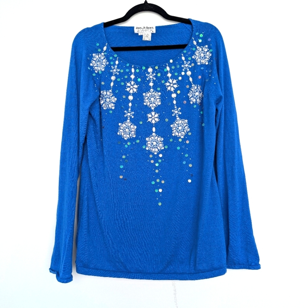 Vintage Jack B. Quick Beaded Bedazzled Holiday Festive Blue Sweater Sz L